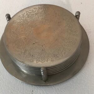 Vtg Xmas Coasters Silver Plate Coaster Set with Holder Tarnished Silverplate